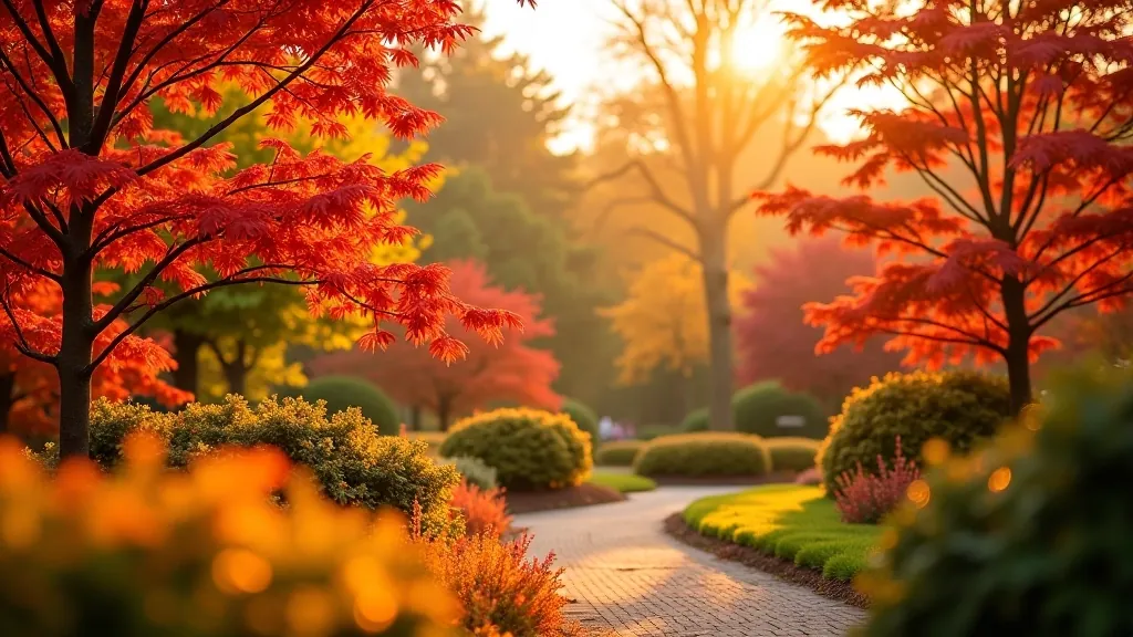 Autumn foliage with trees displaying rich red and orange colors, Japanese maples and oak trees creating dramatic fall landscape