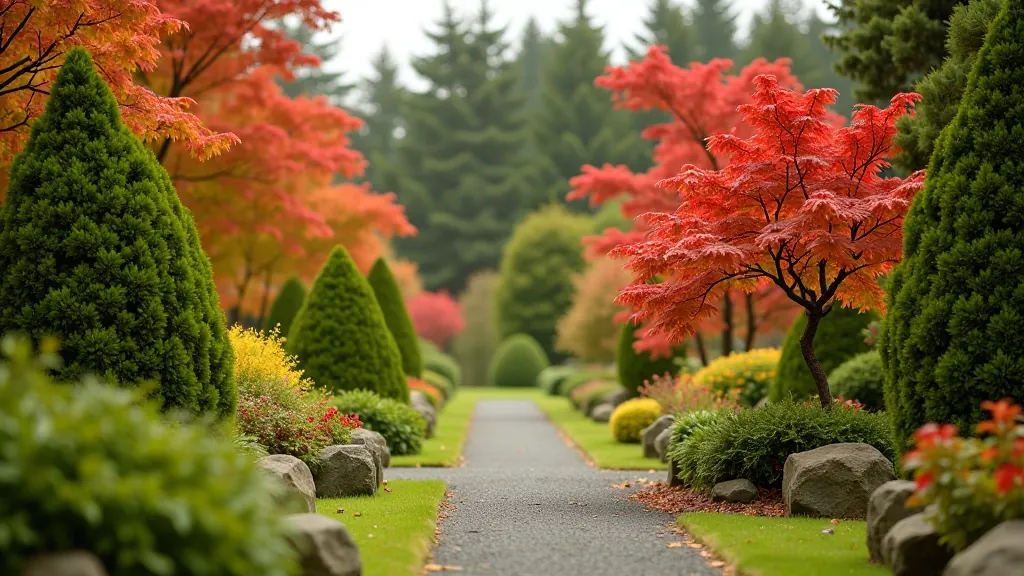 Diverse tree species including towering conifers and Japanese maples in Fota gardens, autumn colors visible, peaceful garden setting