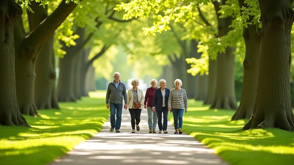 Group of mature adults walking through tree-lined path in arboretum