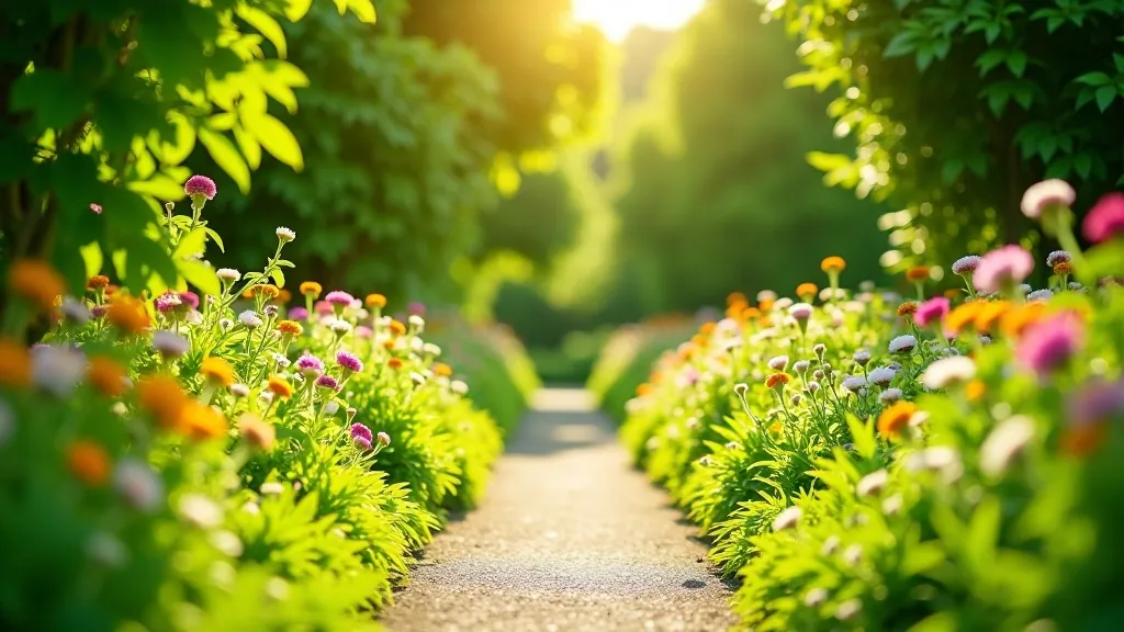 Lush green garden landscape with mature trees, perennial flowers blooming, and peaceful walking paths during summer season