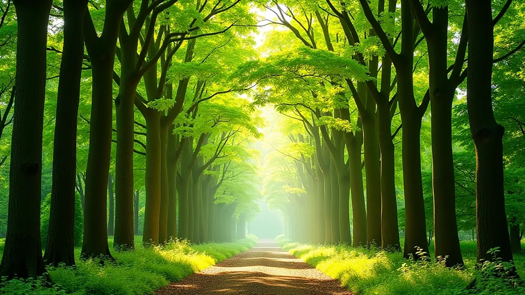 Mature specimen trees creating a natural canopy overhead, dappled sunlight filtering through leaves, woodland walking path beneath