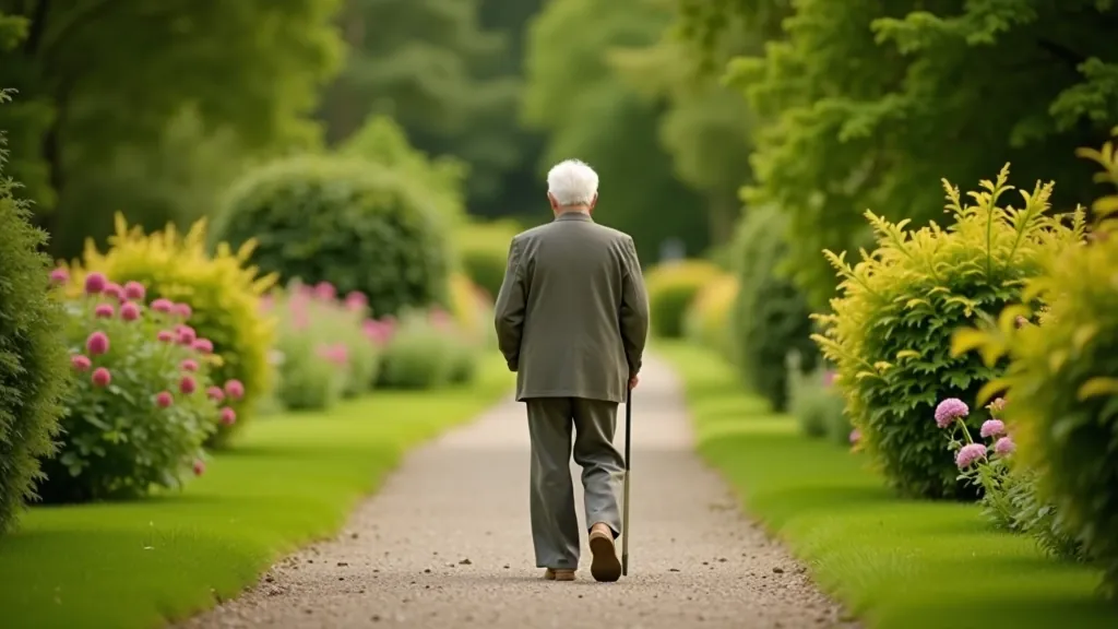Visitor walking along a wide garden pathway between mature shrubs and flowering plants, peaceful garden atmosphere, dappled shade