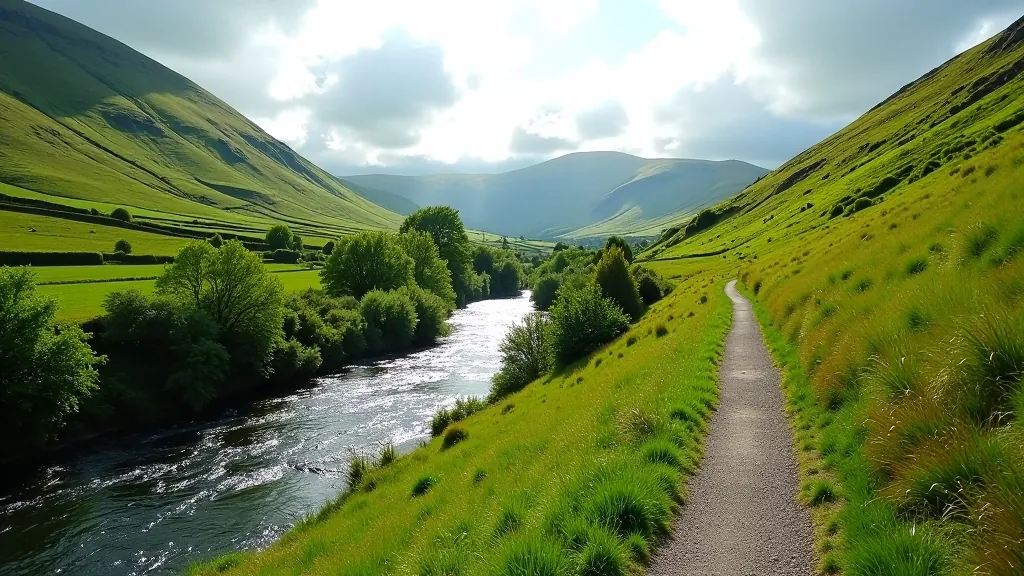 Scenic river valley landscape with walking trail, green hills, and flowing water under clear blue sky