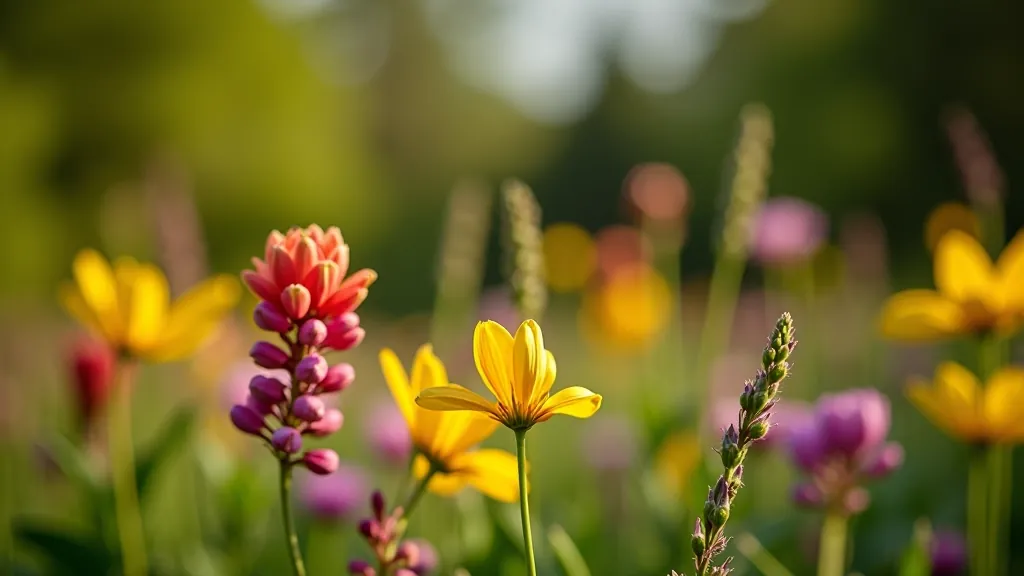 Close-up of native wildflowers and botanical specimens blooming in a garden setting during spring season