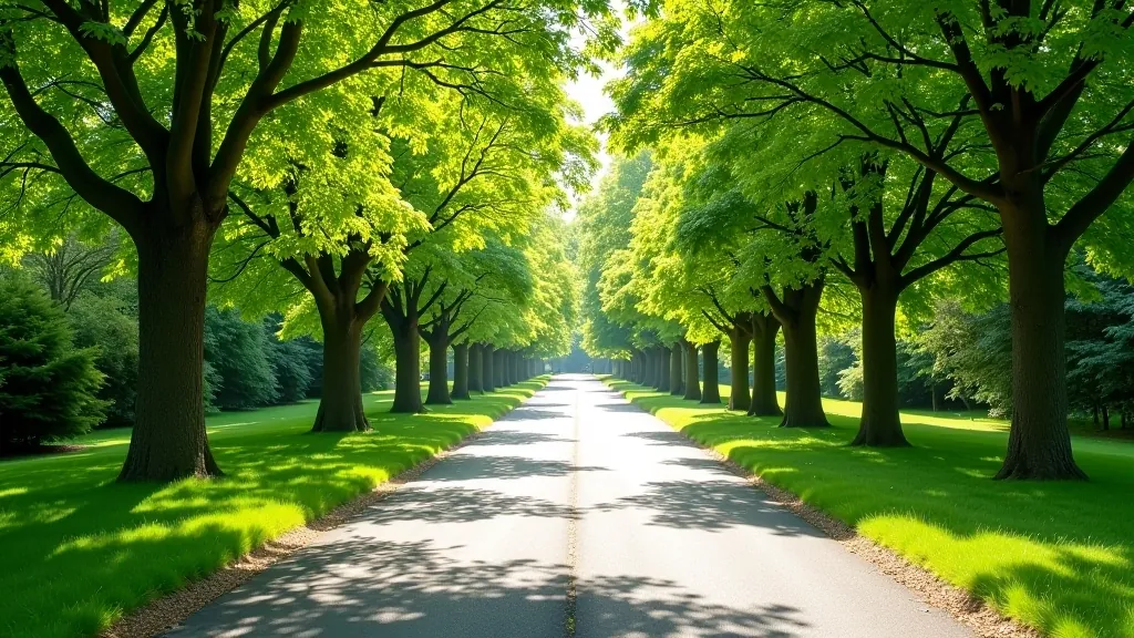 Wide paved pathway through Fota Arboretum lined with heritage trees and natural woodland, clear blue sky visible above the canopy