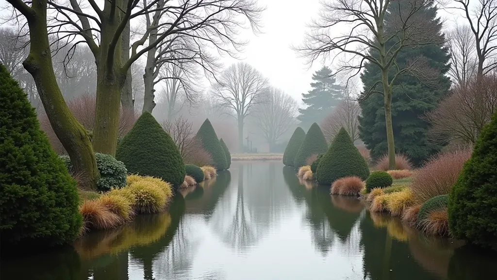 Winter garden with bare trees showing structural form, evergreen plants providing color, frost and clean winter landscape